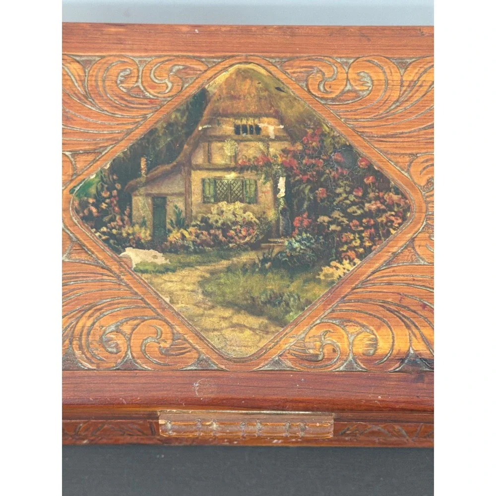 Vintage Cedar Wood Jewelry Box Hand Carved Cottage Landscape Keepsake Chest